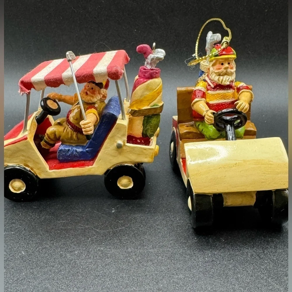 Set of 2 Vintage Santas Driving A Golf Cart Bag and Clubs Christmas Ornaments